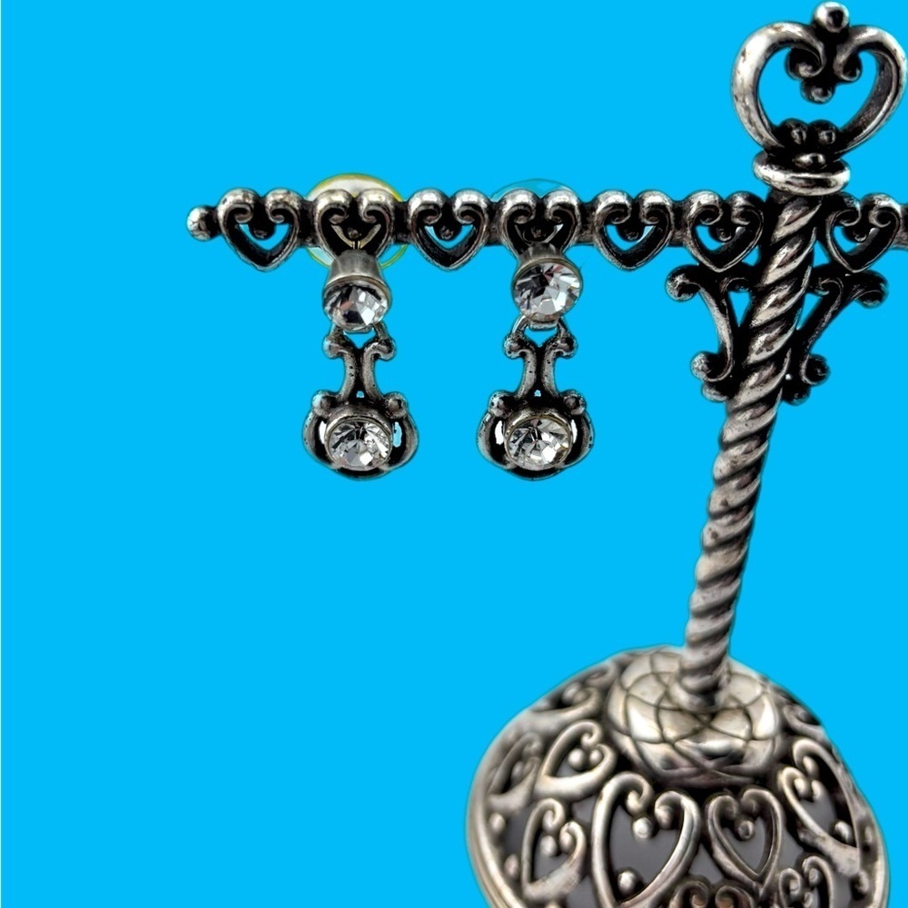 Brighton Twilight Clear Crystal Silver Plated Pierced  Heart Dangle Earrings